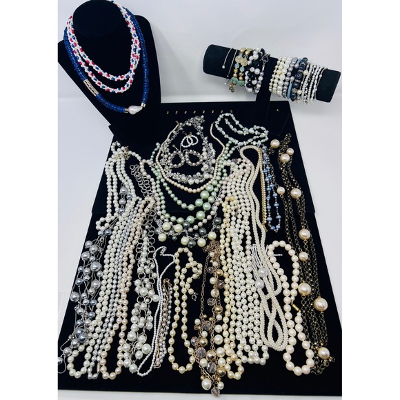 Source Unknown Jewelry - Vintage to Modern Pearl Necklace & Bracelet Gold & Silver Tone Beaded Lot of 30
